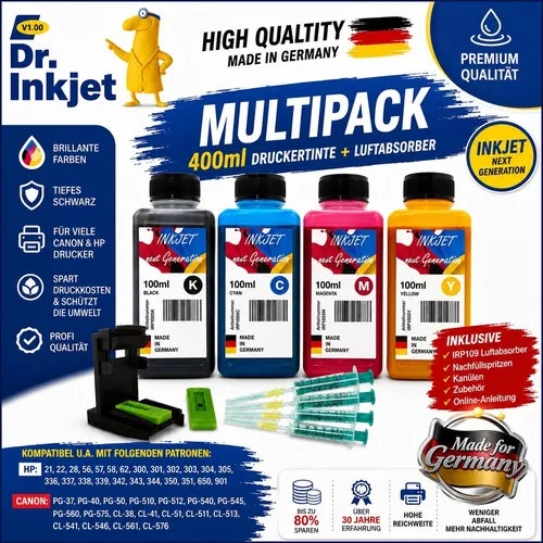 PG575 + CL576 400ml TiDis Ink Druckertinte BCMY + IRP109 Luftabzugsadapter