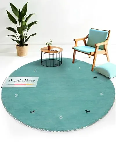 carpetfine Wollteppich Gabbeh Uni Rund Türkis Ø 120 cm - Teppich in hochwertiger Wolle, langlebig und pflegeleicht, ideal für Wohn- und Schlafzimmer und auch für Fußbodenheizung geeignet.