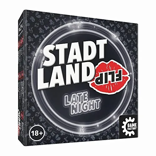 Game Factory 646311 Stadt Land Flip Late Night, das superschnelle Wortspiel für Erwachsene, für 2-6 Spieler ab 18 Jahren, Reisespiel in der praktischen Kartonbox, Weiß