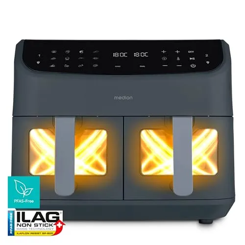 Medion® Heißluftfritteuse MD11760, 2600 W - Heißluftfritteusen mit 2 unabhängigen Garzonen für effiziente Zubereitung. Sync-Finish-Funktion spart Zeit, 9 Automatikprogramme und hochwertige Antihaftbeschichtung für perfekte Ergebnisse.