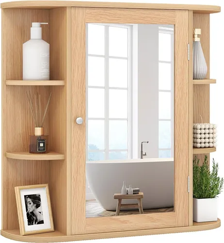 GOPLUS Spiegelschrank Holz mit einzelner Spiegeltür, Badschrank mit 3 inneren verstellbaren Regalen, Hängeschrank fürs Bad, 66 x 63 x 16,5 cm (Natur)