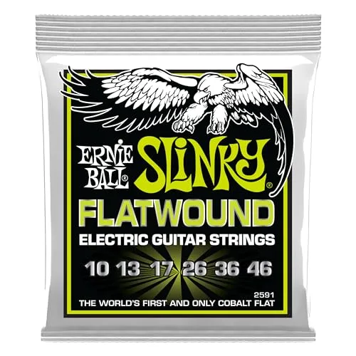 Ernie Ball Flatwound 2591 E-Gitarren Saiten - Gitarren-Pflege mit Cobalt Slinky Flatwound Saiten für warmen, samtigen Klang und hohe Spielbarkeit, ideal für Jazz und Blues.