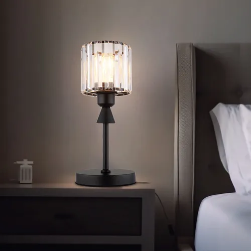 Moderne Tischleuchte mit Acrylkristallen – Elegante Beistelllampe - Tischleuchten für Schlafzimmer und Wohnzimmer, verleiht warmes Licht durch klare Acrylkristalle und modernes Design aus schwarzem Metall.