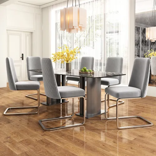 Flieks Freischwinger 6er Set – Elegante Esszimmerstühle mit Samtbezug und Metallbeinen - Hochwertige Esszimmerstühle im 6er Set, gepolstert mit weichem Samt und stabilen Metallbeinen. Ideal für Küche und Esszimmer, bieten sie Komfort und Stil für jeden Anlass.