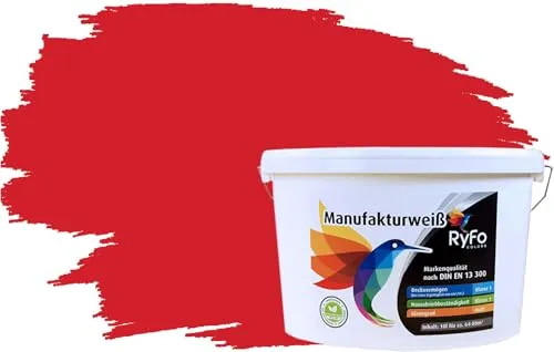RyFo Colors Bunte Wandfarbe Manufakturweiß Feuerrot 10l - Hochwertige Innenfarbe in verschiedenen Rottönen - Premium Wandfarbe mit erstklassiger Deckkraft und Nassabrieb. Ideal für ein modernes Farbkonzept in Wohnräumen. Emissionsarm, geruchsneutral und leicht zu verarbeiten – für ein perfektes Ergebnis.