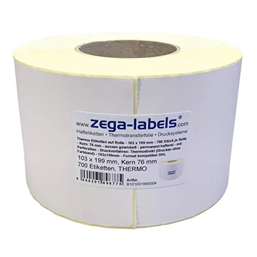 Thermo Etiketten auf Rolle - 103 x 199 mm - 700 Stück je Rolle - Kern: 76 mm - für Versandetiketten DHL - permanent haftend - mit Perforation - Druckverfahren: Thermodirekt (Drucken ohne Farbband)