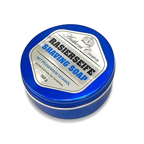 Anthoni Crown feste Rasierseife, Herren, Damen, 150 g, alle Hauttypen, Made in Germany, ergiebiger Rasierschaum, hochwertige Verpackung, nachhaltiges Palmöl, RSPO-Mitglied