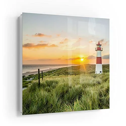 DEQORI Schlüsselkasten weiß | 30x30 cm | Motiv Leuchtturmliebe | Glas & Metall Schlüssel-Box | Schlüsselschrank mit 50 Haken + 2 Magnete | Moderne Design Box magnetisch & beschreibbar