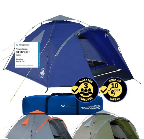 Lumaland Wurfzelt Pop up Familienzelt für 3 Personen, 10 Sek. Quick-up-Aufbau