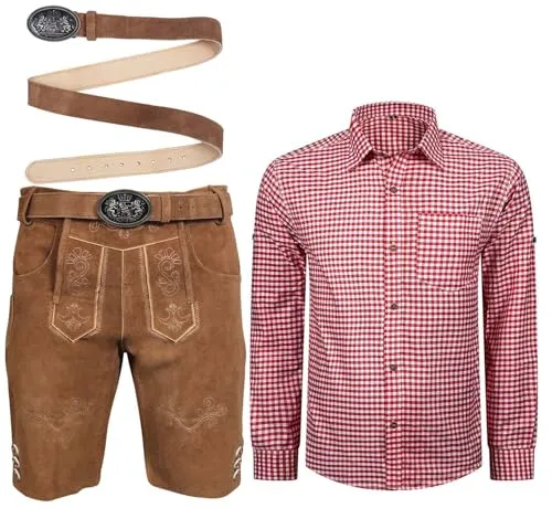 ALL THE GOOD Herren Trachten Set Lederhose mit Gürtel + Trachten Hemd