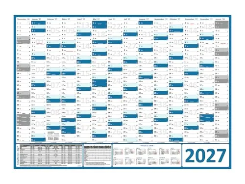 XXL Wandkalender 2027 blau - DIN A0 Format - Wandkalender im DIN A0 Format mit 14 Monaten, inklusive Ferientermine und Feiertage aller Bundesländer, ideal für die Planung und Übersicht im Büro oder Zuhause.