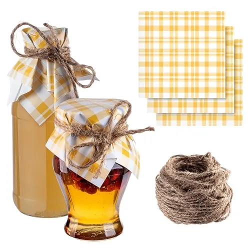 KADAX Schmuckdeckchen für Einmachgläser, dekorative Deckchen mit Jutekordel für Marmeladengläser, Marmeladendeckchen aus Papier (Gelbes Karomuster, 50 Stück)