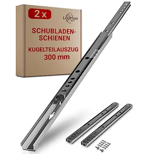 LouMaxx Kugelauszug 2er Set Schubladenschienen 27 mm Nut | 300 mm Schienen Schublade | Schubladen Schienensystem mit Teilauszug für 27mm Nut