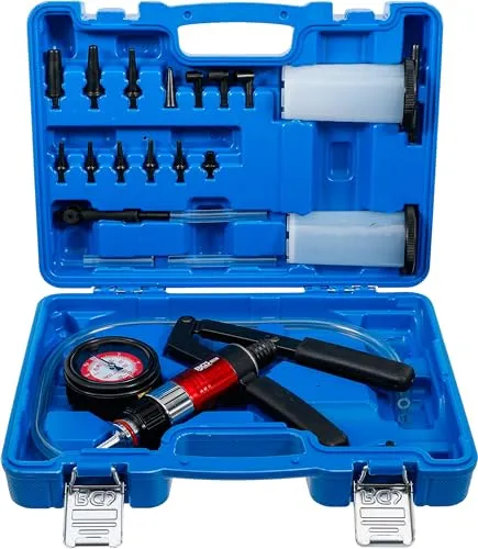 BGS 8038 Vakuum-Druckpumpen-Satz - Bremsenentlüfter und Vakuumpumpe im Koffer, ideal zur Überprüfung von Druck- und Unterdrucksystemen, inkl. 14 Adapter und Vakuumpistole für vielseitige Anwendungen.