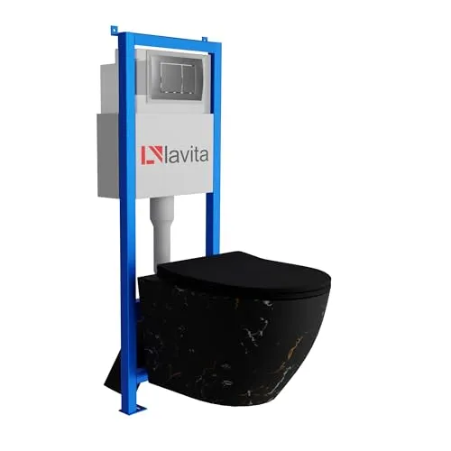 Lavita LAV 101 Vorwandelement für WC 40cm + Wand Hänge Tiefspül WC SOFI SLIM FIRE Schwarz Spülrandlos + Bedienplatte LAV 200.1.3 Satin | Komplettset | Unterputz Spülkasten | Toilette Komplett Sett