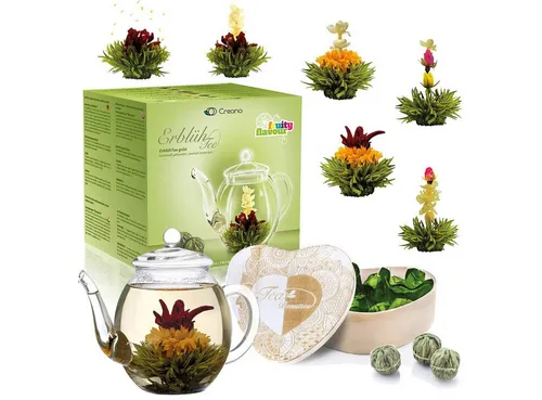 Creano Erblühtee Geschenkset - 6 Teeblumen im Holzherz mit Glas Teekanne - Stilvolles Geschenkset mit 6 verschiedenen Teeblumen und einer hitzebeständigen Glaskanne (0,5l). Ideal für Teeliebhaber, bietet es ein visuelles Erlebnis beim Aufgießen und ist perfekt für besondere Anlässe.