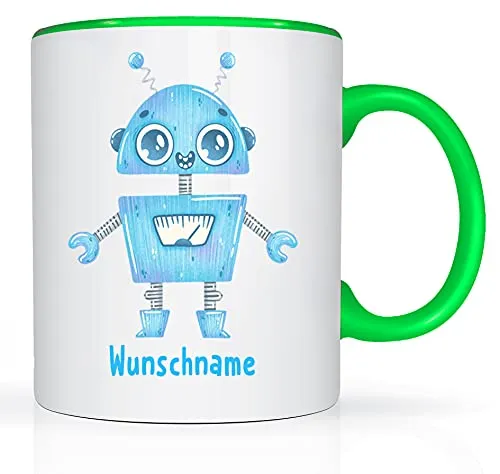 Print-Klex Tasse mit Namen und Roboter Mann Motiv Bedruckt Namenstasse Robotasse für Jungen Kindertasse Keramiktasse Weiß/Grün Geschenktasse Spruchtasse Keramik mit Druck Kinder Tasse 330ml