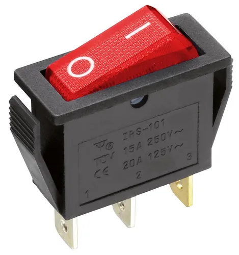 Produktbild Wippenschalter Rot beleuchtet 250V 15A An/Aus, 2 Schaltstellungen, Leucht-Wippe
