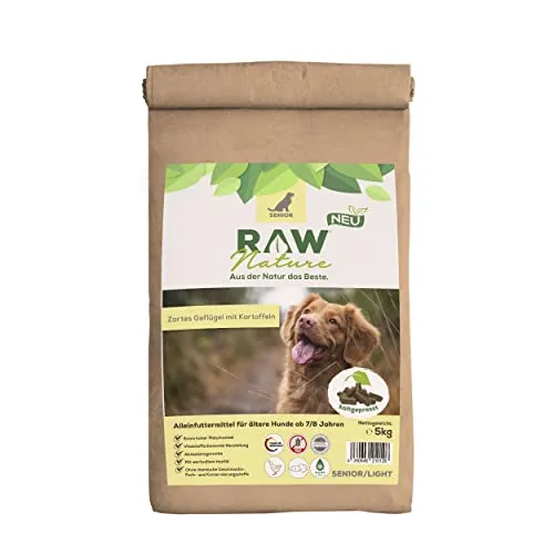 RAW Nature Trockenfutter Senior mit Huhn 5kg, Kaltgepresstes Hundefutter, Getreidefrei, 100% Muskelfleisch, hoher Fleischanteil, ohne künstliche Zusätze, für alle Rassen und Sensible Hunde