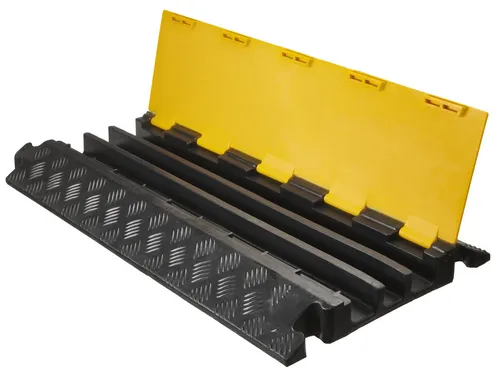 Evertec Kabelbrücke 3 Kanal, überfahrbar, schwarz/gelb - Topfdeckel für Innen- und Außeneinsatz, überfahrsicher bis 15 Tonnen, aus robustem Gummi mit 3 Kabelkanälen für optimale Kabelführung.