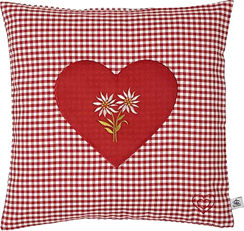 Zirbenkissen Bestickt mit Herz und Edelweiss rot karriert Größe 40x40 cm befüllt mit Zirbenflocken aus Zirbenholz in extra Inlett