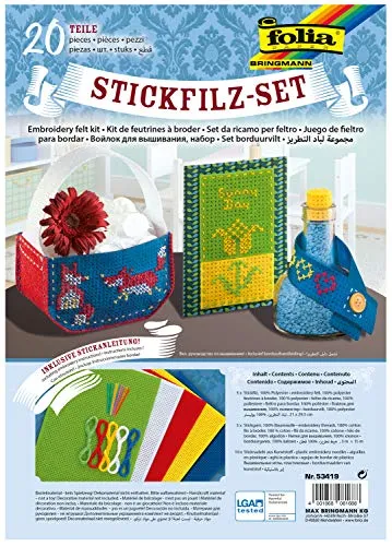 folia 53419 - Stickfilz-Set, 20-teiliges Bastelset, Inhalt farbig sortiert, ca. 21 x 29,5 cm, inkl. Stickanleitung, ideal geeignet für vielfältige Stickarbeiten