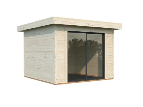Gartenhaus Lana 8,0 m² mit Schiebetüren - Modernes Gartenhaus mit Panorama-Alu-Schiebetüren, 4 mm Sicherheitsglas und sicherem Profilzylinderschloss. Ideal für lichtdurchflutete Räume im Garten.