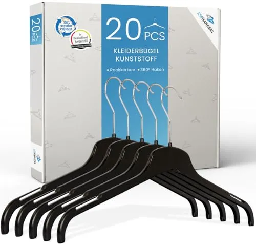 RSR Hangers Kleiderbügel TU 47 aus Kunststoff 20 Stück - Schwarzer Haken - platzspar - 360° drehbarer Haken - Hemdenbügel - Blusenbügel - Jackenbügel - schwarz - schneller Versand