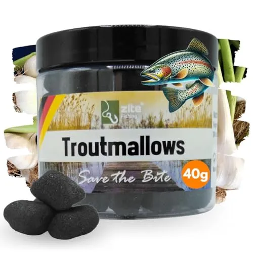 Zite Fishing Trout Mallows Forellenköder - Hochfängiger Forellenteig auftreibend - Troutmallows Starke Aromen & Leuchtende Farben 40g Dose Forellen Köder Grundmontage Naturködern (Knoblauch schwarz)