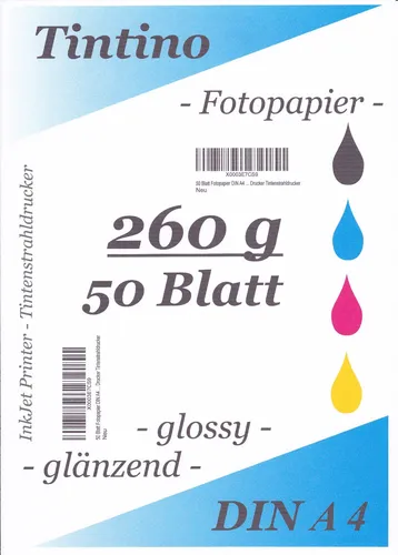 TINTINO Fotopapier 50 Blatt DIN A4 (ca. 210-297mm) 260g/m² glänzend - sehr dick