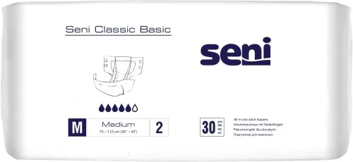 Seni Classic Basic M - 120 Stück - Inkontinenzhilfen für mittlere bis schwere Inkontinenz mit hohem Tragekomfort. Doppelter Saugkern für schnelle Flüssigkeitsaufnahme und integrierter Nässeindikator.