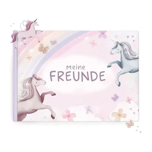 mintkind® Schulfreundebuch Einhorn – Freundebuch Grundschule für Mädchen mit handgemalten Illustrationen, 30 Freundeseiten, Geburtstagskalender, Malrätsel, stabiles Hardcover DIN A5 Querformat
