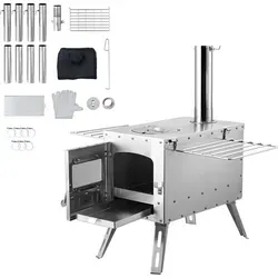 SucceBuy Holzofen, tragbarer Edelstahl-Zeltofen mit 86 Zoll, Kaminrohren und Handschuhen, 1646 Zoll3 Feuerraum für Kochen und Heizen im Freien, m...