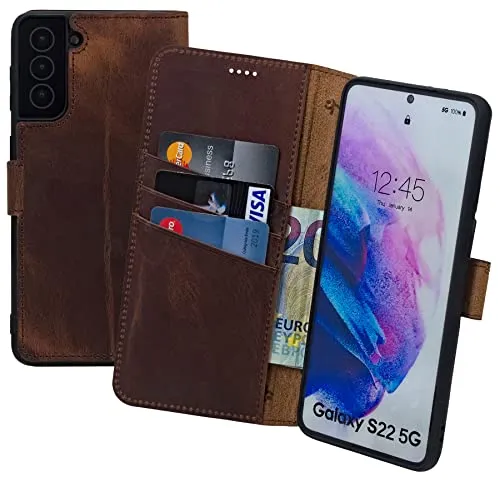Suncase Book-Style Hülle kompatibel mit Samsung Galaxy S22 5G Leder Tasche (Slim-Fit) Lederhülle Handytasche Schutzhülle Case mit 3 Kartenfächer in antik-Coffee
