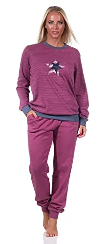 NORMANN-Wäschefabrik Kuscheliger Damen Pyjama mit Bündchen, Streifenoptik + Sternenmotiv