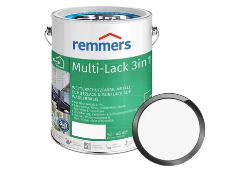 Remmers MULTI-LACK 3IN1 - 5 LTR - Hochwertige Wetterschutzfarbe für Holz, Metall & PVC. Ideal für Innen- und Außenanwendungen mit ausgezeichneter Wetterbeständigkeit und rostinhibierendem Schutz.