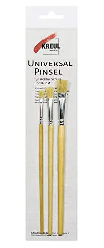 Kreul 723002 - Universalpinsel Pinselset, Borste flach, aus kräftigen, hellen Schweineborsten, flacher Schulmalpinsel, 3 Pinsel in den Größen 4, 8 und 12, beige