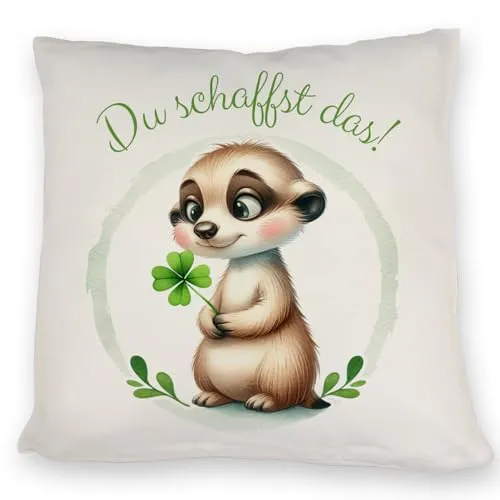 speecheese Erdmännchen mit Kleeblatt Kissen mit Spruch Du schaffst das Glücksbringer niedlich süßes pflanzenliebendes Tier mit Kleeblatt in der Hand grün