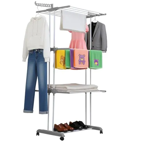 Homshsjhkis Wäscheständer Ausziehbar, Wäschespinne Turm mit Rollen, Platzsparender 6 Klappbare Flügel und 2 Drehbar Seitenflügel, Stabiler Klappbar Edelstahl Standtrockner Wäscheturm für Innen Außen