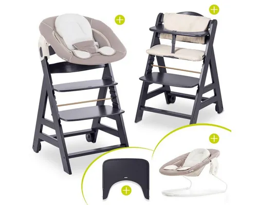 Hauck Hochstuhl Beta Plus Dark Grey - Newborn Set, Babystuhl ab Geburt inkl. Aufsatz für Neugeborene, Tisch, Sitzauflage