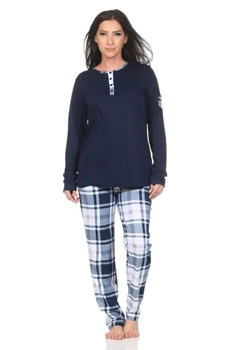 Normann Damen Schlafanzug Langarm mit Karierter Jersey Hose in Marine, Größe: 44-46 - Bequemer Damen Schlafanzug aus weichem Single Jersey mit karierter Hose. Ideal für entspannte Tage oder Nächte. Erhältlich in Übergrößen und mit geprüfter Qualität für höchsten Tragekomfort.