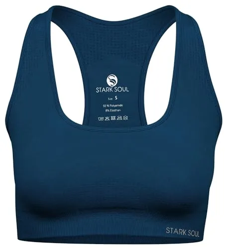 STARK SOUL Sport BH - Marineblau, Größe L mit herausnehmbaren Cups - Dieser Sport BH bietet optimalen Halt durch einen Racerback-Schnitt und breite Träger. Atmungsaktives Material sorgt für hohen Tragekomfort, ideal für aktive Frauen. Mit reflektierendem Schriftzug für mehr Sichtbarkeit.