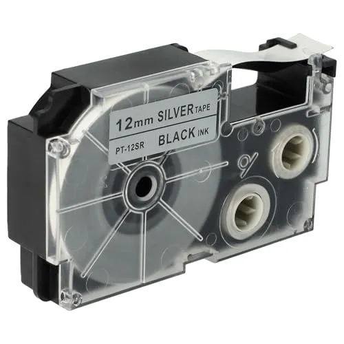 vhbw Schriftband-Kassette kompatibel mit Casio KL-7200, KL-60, KL-70E, KL-300, KL-7000, KL-7400, KL-200E Etiketten-Drucker 12mm Schwarz auf Silber