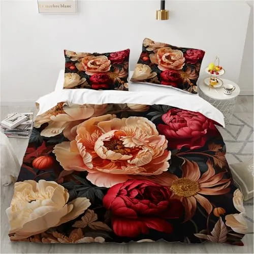 Luowei 3D Aesthetic Blumenbettwäsche 200x200cm Rosa Rot mit Reißverschluss und 2 Kissenbezügen 80x80cm