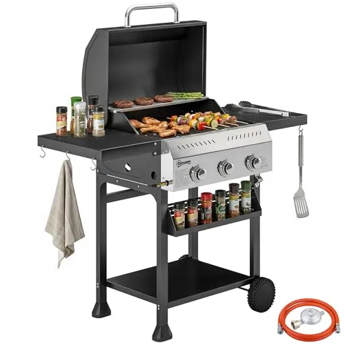 Outsunny Gasgrill 9 KW mit 3 Brennern und klappbarem Seitentisch - Leistungsstarker Gasgrill mit 3 Edelstahlbrennern für schnelles Erhitzen und große Grillfläche. Praktisches Design mit Ausklapptischen und Thermometer für komfortables Grillen auf Terrasse oder Balkon.