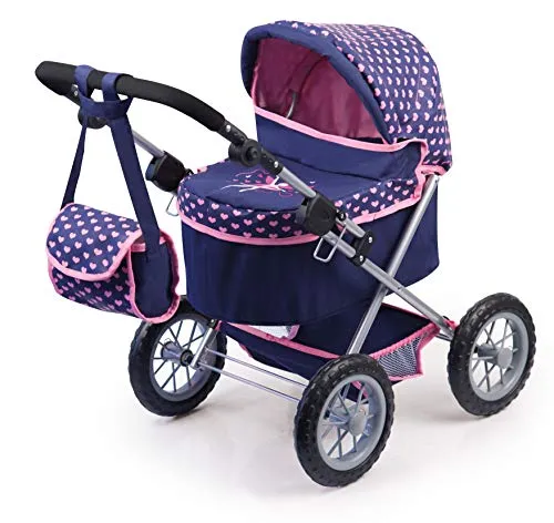 Bayer Design 13052AA Puppenwagen Trendy - Puppenwagen für Puppen bis 46 cm, höhenverstellbarer Griff und große Räder für unebenes Gelände, faltbar mit Tasche und integriertem Korb.