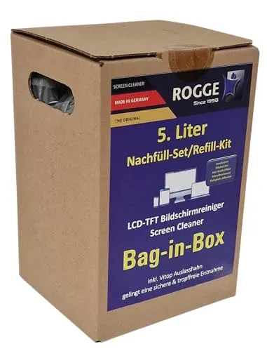ROGGE Bildschirmreiniger 5 Liter - Streifenfrei und biologisch abbaubar - Reinigungszubehör für Unterhaltungselektronik, entfernt effektiv Schmutz und Fingerabdrücke, alkoholfrei und mit antistatischer Wirkung für langanhaltende Sauberkeit.
