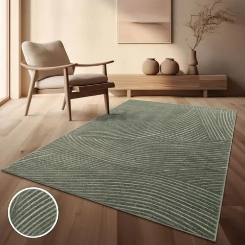 TT Home In-& Outdoorteppich Wetterfest Balkon Schlafzimmer Boho Skandi Motiv Unifarben Geometrische Optik Moderner Style, Größe:60x100 cm, Farbe:Grün 2
