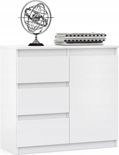 VBChome Kommode mit 3 Schubladen und 1 Türen 80 x 35 x 75 cm Weiß Grifflose Schubladenkommode Mehrzweckschrank für Flur Schlafzimmer Wohnzimmer Kinderzimmer