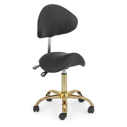 Physa Sattelstuhl mit Lehne - Schwarz/Golden - Ergonomischer Sattelstuhl für bis zu 150 kg, mit verstellbarer Sitzhöhe (55-69 cm) und neigbarer Rückenlehne für maximalen Komfort in Büro oder Salon.